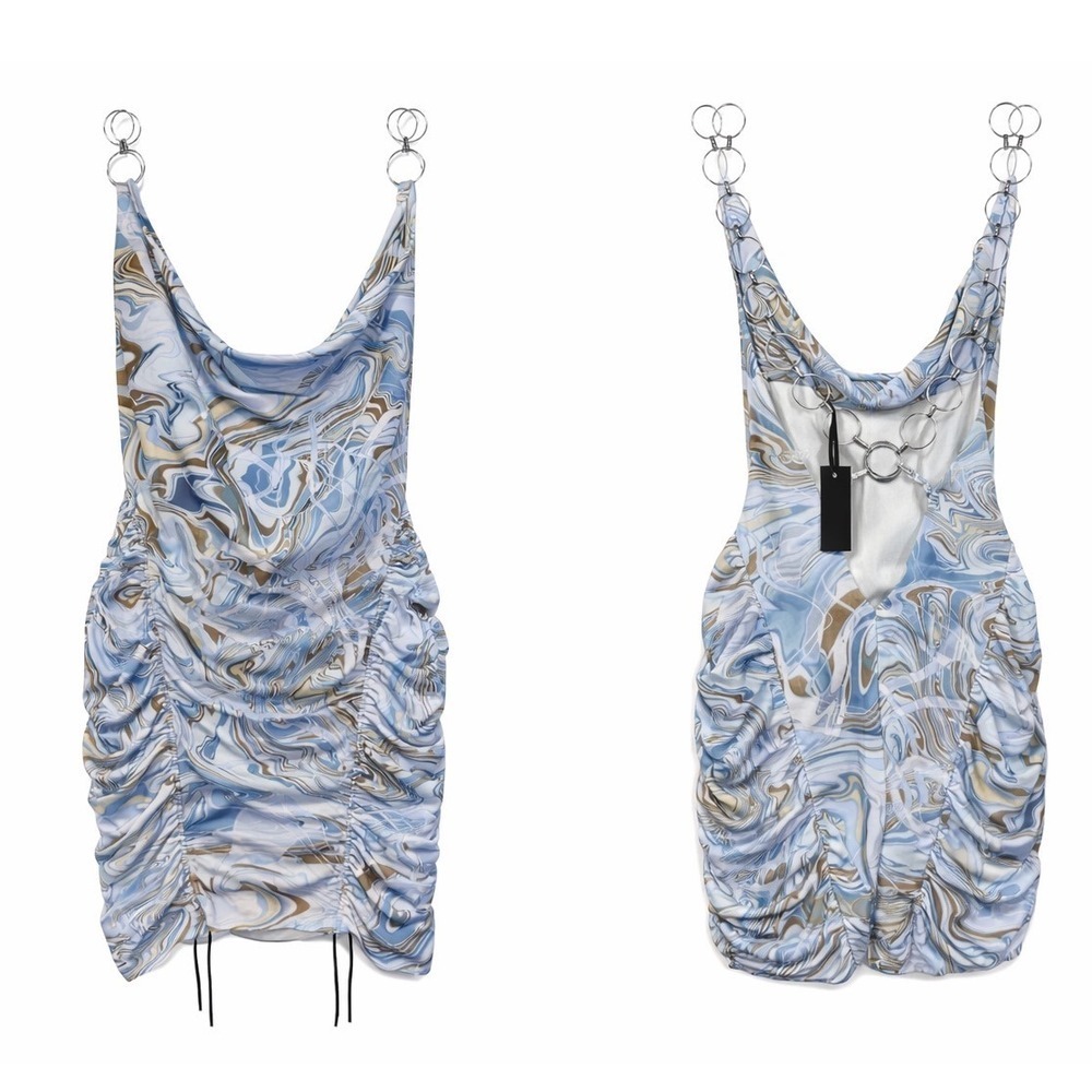 Hours h:ours Revolve Marble Print Y2K Ruched Chain Strap Mini Dress XS NWT - Picture 2 of 10